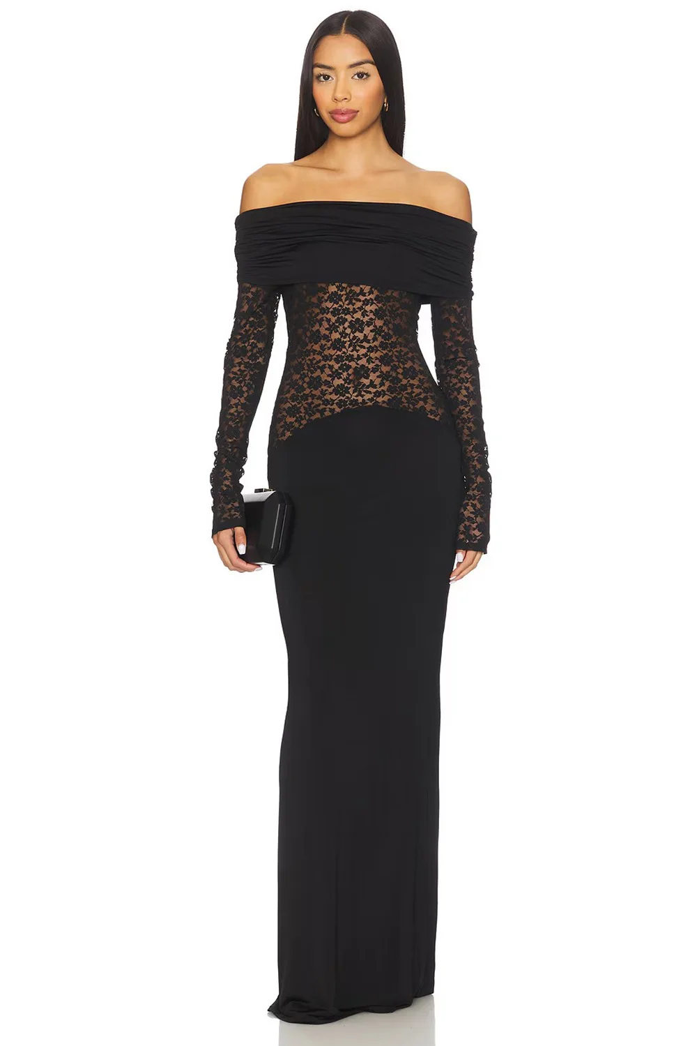 

Black Lace Prom Dress Sexy Off Shoulder Full Sleeves Ruffles Long Party Gown Casual Hot Girl Formal Wedding Guest Birthday Robe