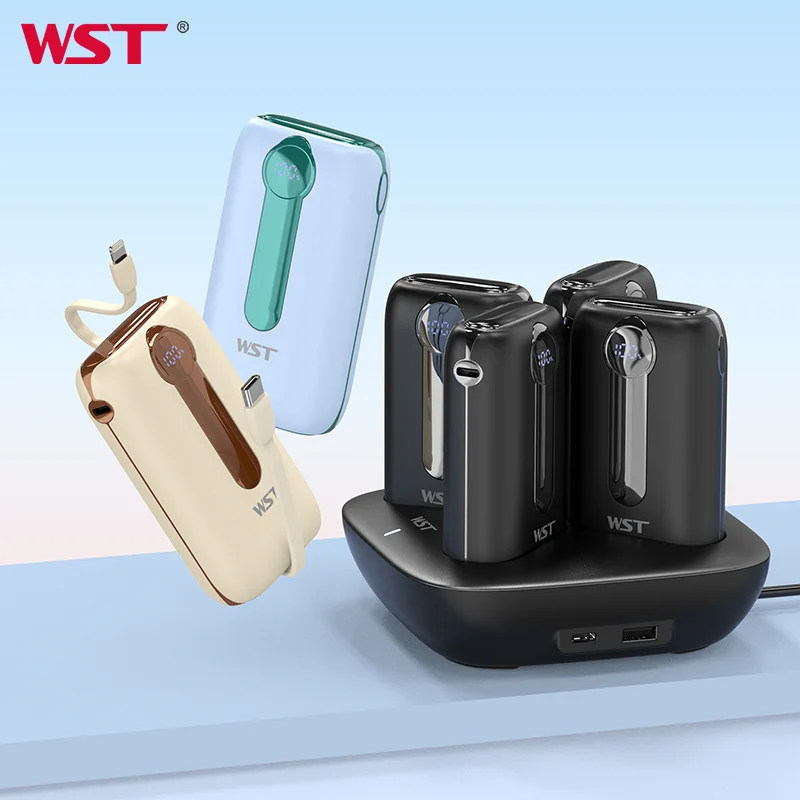 WST Mobile Phone Chargers 10000mAh PD Fast Charging Shared Power Bank Charge Station with Lightning and Type C Cable LED Display