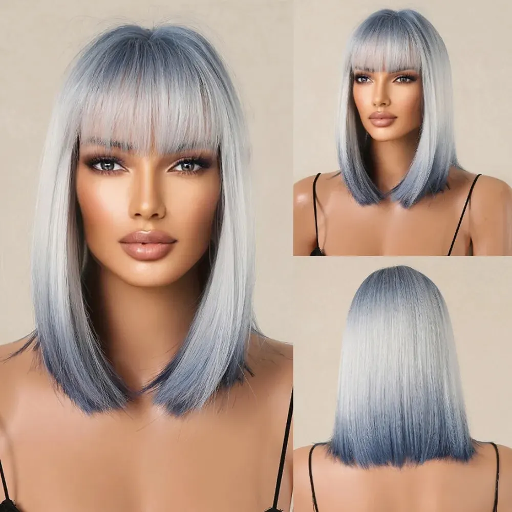 Short BOB Wigs with Bangs Ombre Blue Gray Wigs Straight Synthetic Wigs for Women Cosplay Party Daily