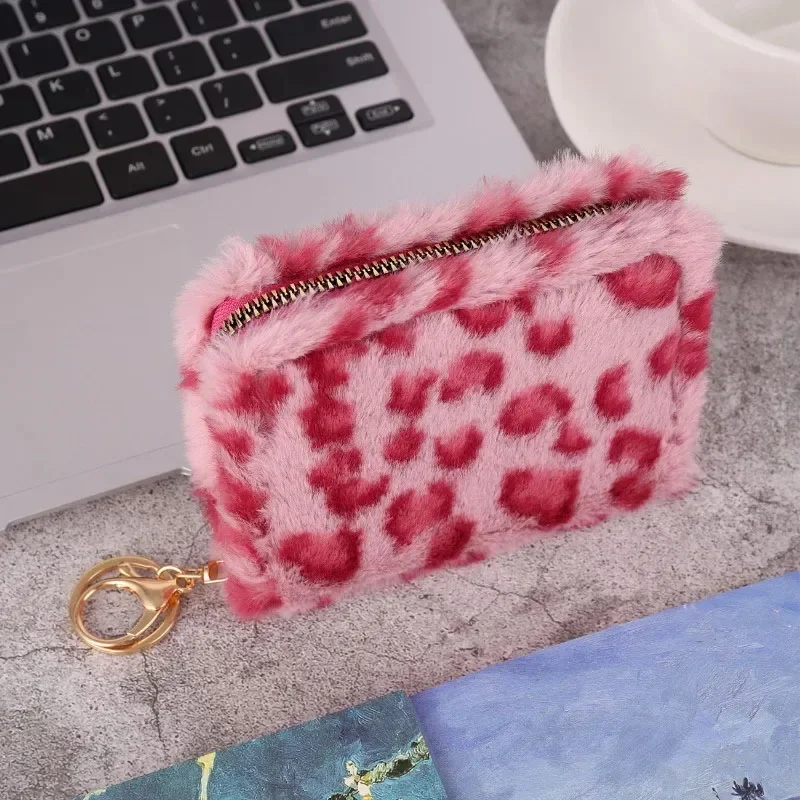 New Creative Plush Coin Purse 2024 Fashion Women Leopard Print Plush Card Wallet Nich Simple Furry Card Bag Wallet Case