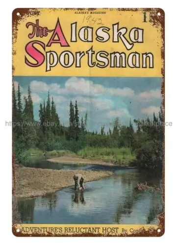 home accents 1942 The Alaska Sportsman magazine cover fisherman metal tin sign