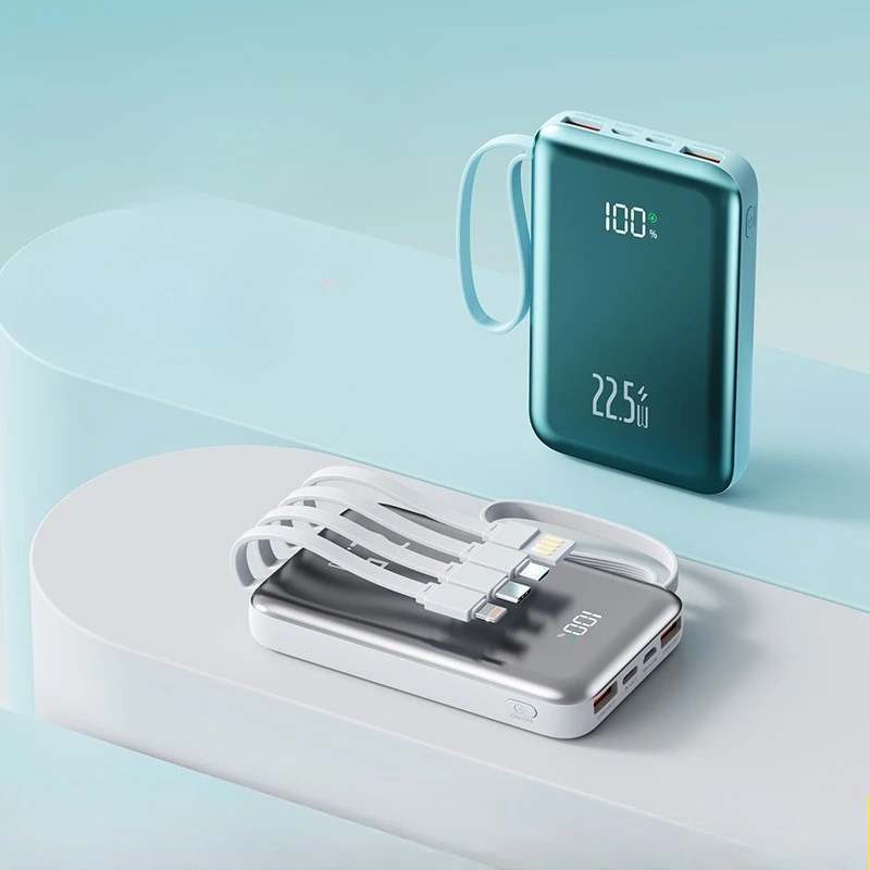 بنك طاقة متنقل صغير جديد بقدرة 20000 مللي أمبير في الساعة مزود بأربعة أسلاك 22.5 شحن سريع لهاتف iPhone Xiaomi