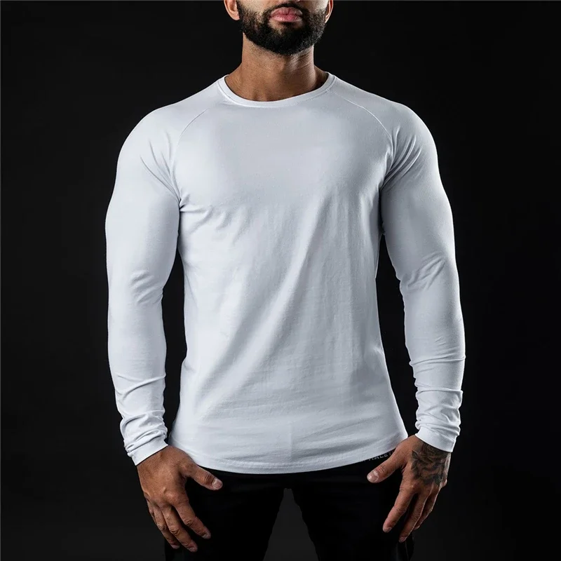 T-shirt Casual da uomo T-shirt a maniche lunghe in cotone palestra Fitness Bodybuilding allenamento T-shirt Soild abbigliamento maschile di marca di