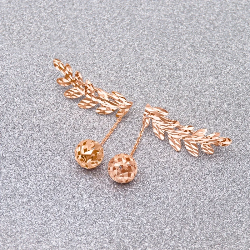 585 purple gold romantic foliage ear studs 14K rose gold geometric round bead sweet drop earrings for women wedding high jewelry
