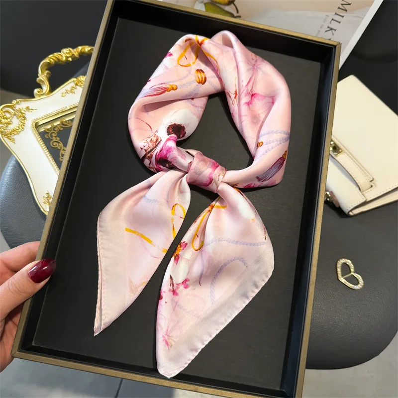 70cm Lily of The Valley Scarf Women's Spring and Summer Thin Satin Square Scarf High-end Temperament Small Scarfs Shawl