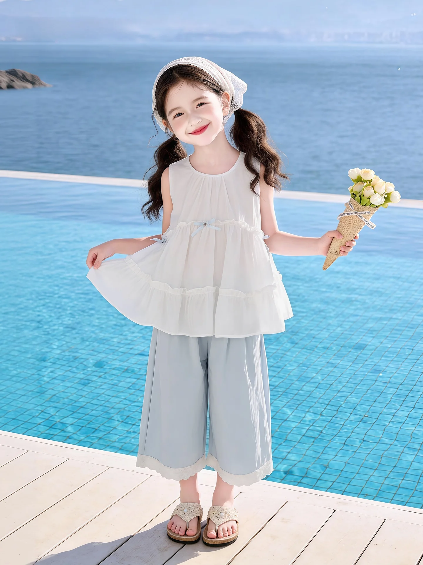 cute-girl's-summer-outfit-set-wide-leg-pants-and-halter-dress-two-piece-set-fashionable-middle-and-large-children's-clothing