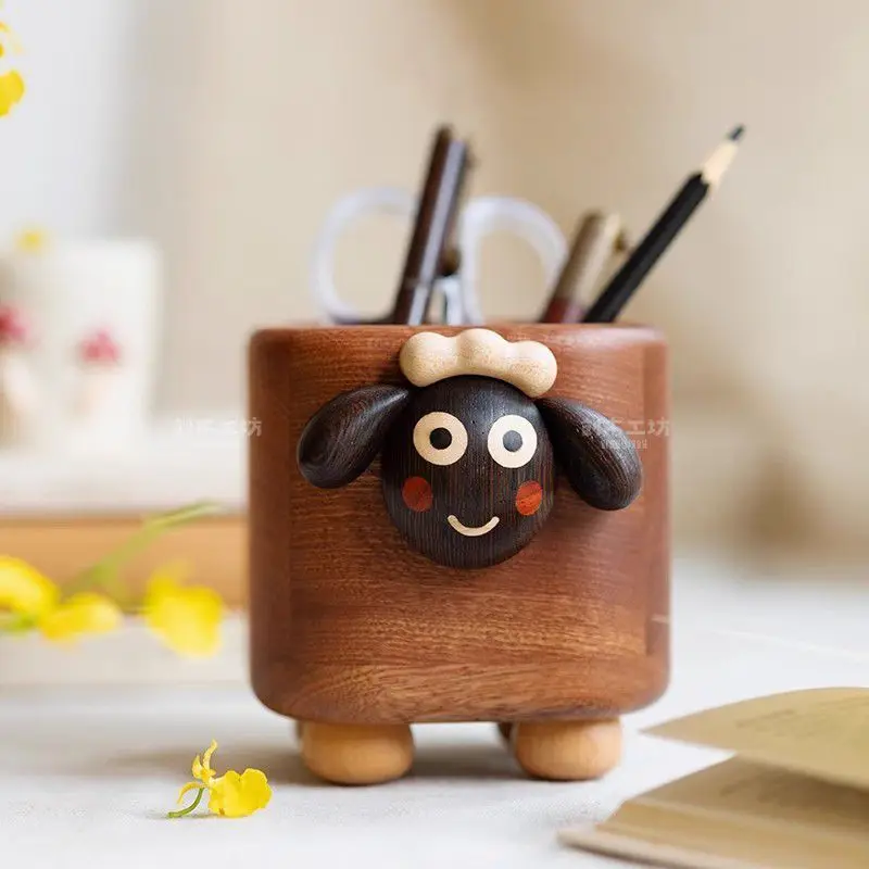 Lamb pen holder solid wood office desktop storage box ornaments creative cute teacher's day gift