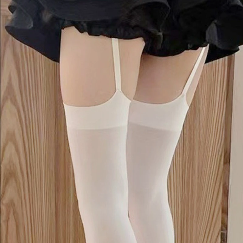 Sexy Suspender Thigh High Stockings Velvet Thin Black White Irregular Exposed Skin Lolita JK Japanese Knee High Socks Tight image 2