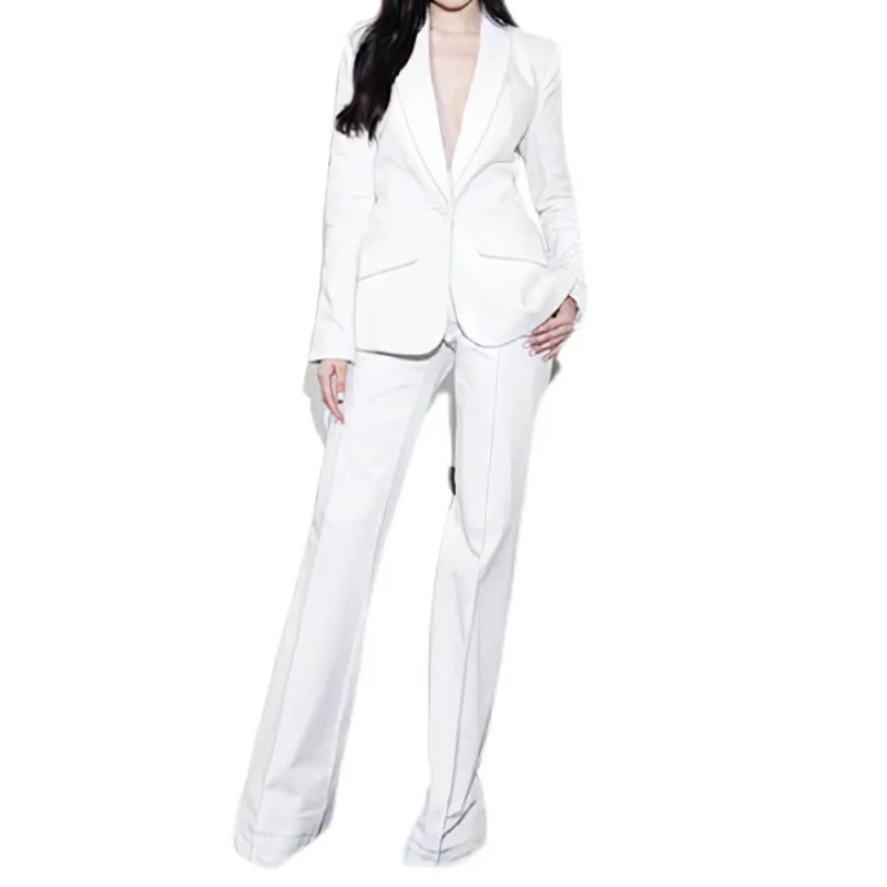 Tesco outono conjuntos de calças femininas xale branco lapelas blazer calças de perna reta 2 peças elegantes senhoras conjuntos de casamento para convidados