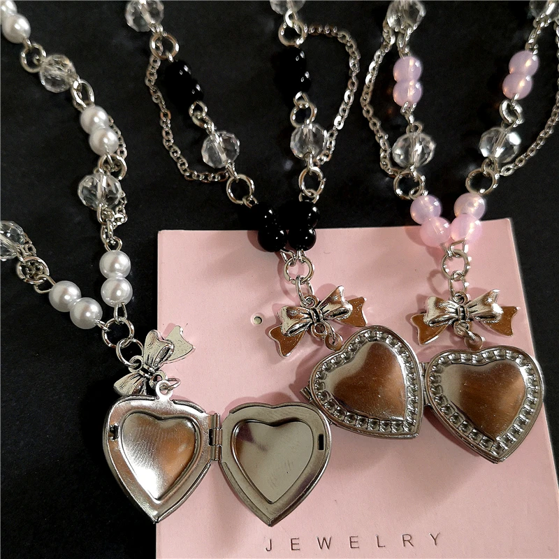 Goth Y2K Aesthetic Heart Locket Pendant Stainless Steel Silver Color Open Photo Frame Charm Necklace For Women Neck EMO Jewelry