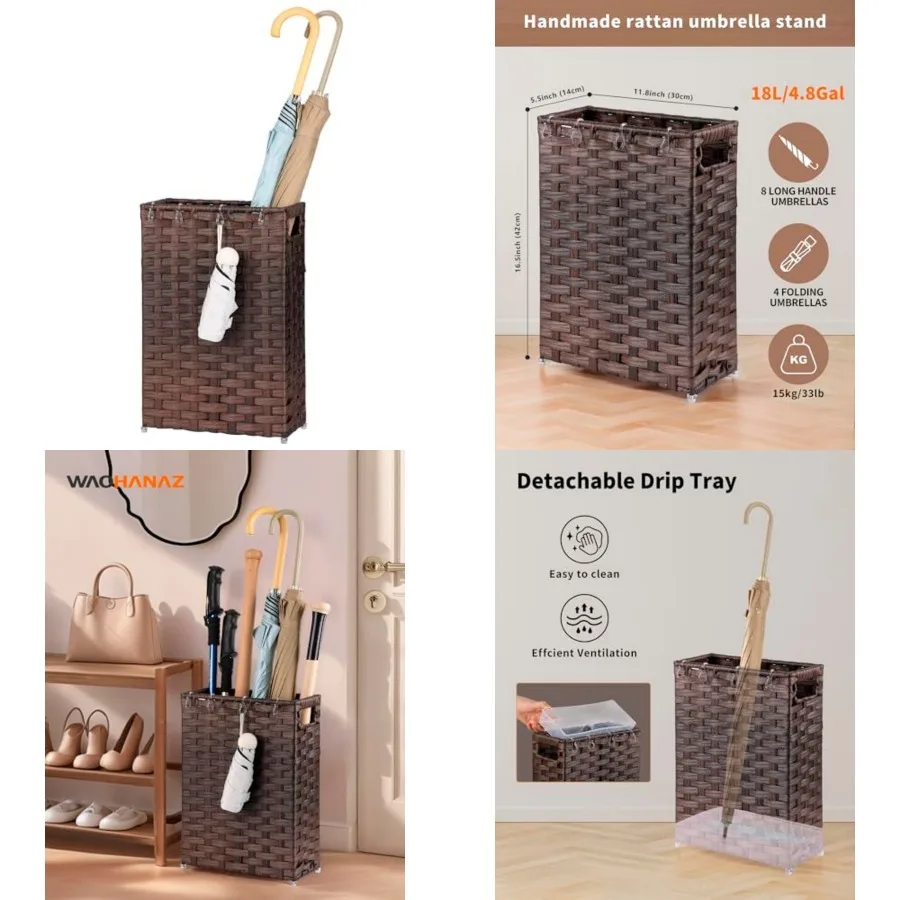 

Rattan Umbrella Stand, Umbrella Holder for Entryway, Hand Woven Umbrella Rack Organizer Freestanding, with a Detachable Drip Tr