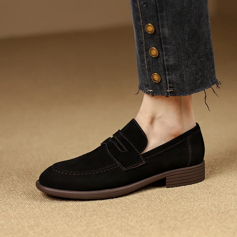 EAGSITY Cow Leather suede loafers square heel women's shoes slip on shoes low heel outdoor footwear sport casual shoes sneaker