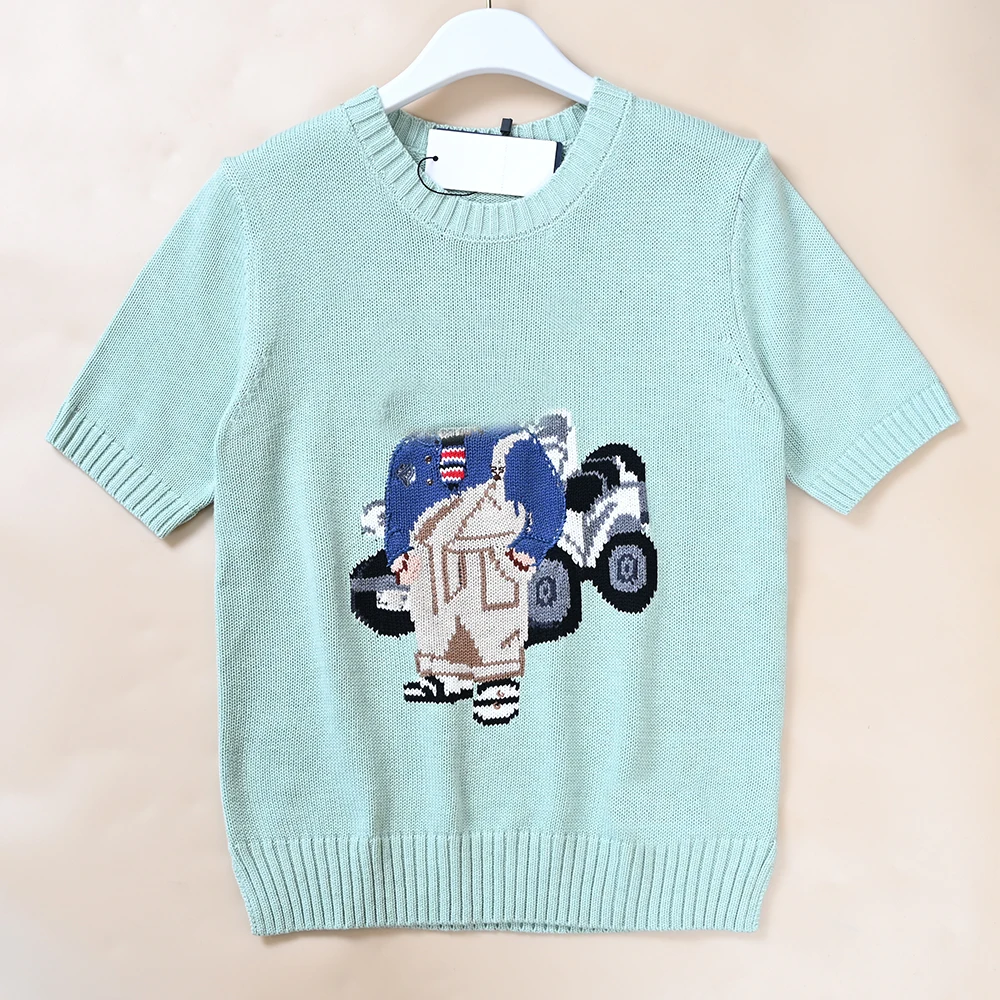 

New Women's Knitted Short Sleeve round Neck Cotton Yarn Cartoon Patterned Top Summer Fashion Casual Comfortable Fit Knitwear
