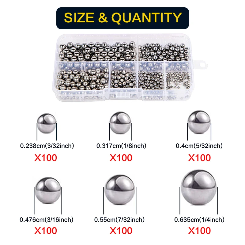 200-1000 PCS Chrome Steel Bicycle Bearing Balls, 6 Assorted SAE Sizes from 3/32