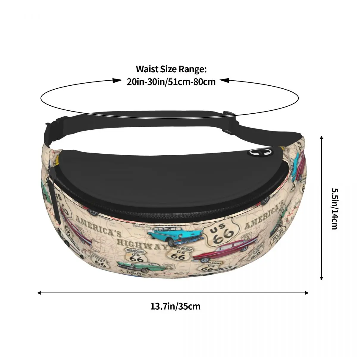 Route 66 Muscle Car Map Fanny Bag Custom Crossbody Waist Pack Men Women Travel Hiking Phone Money Pouch