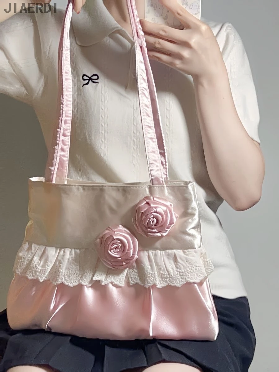 

Lolita Silk Patchwork Rose Flower Shoulder Bag Women Sweet Lace Contrast Color Underarm Bag Cute Y2k Elegant Purse And Handbags