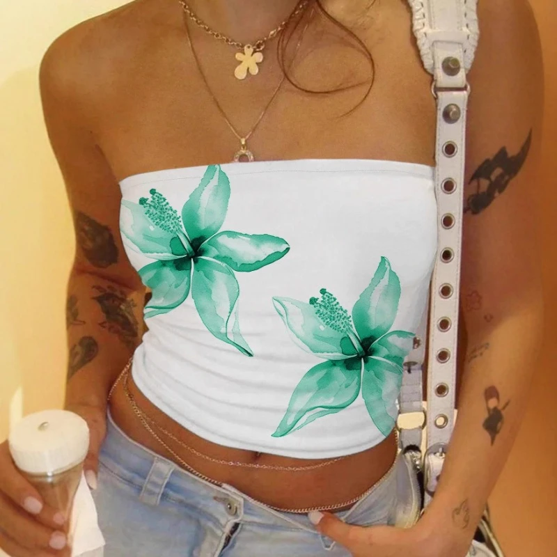 

Women's Floral Print Tube Tops Summer Strapless Bandeau Tops Slim Fit Shirts Streetwear