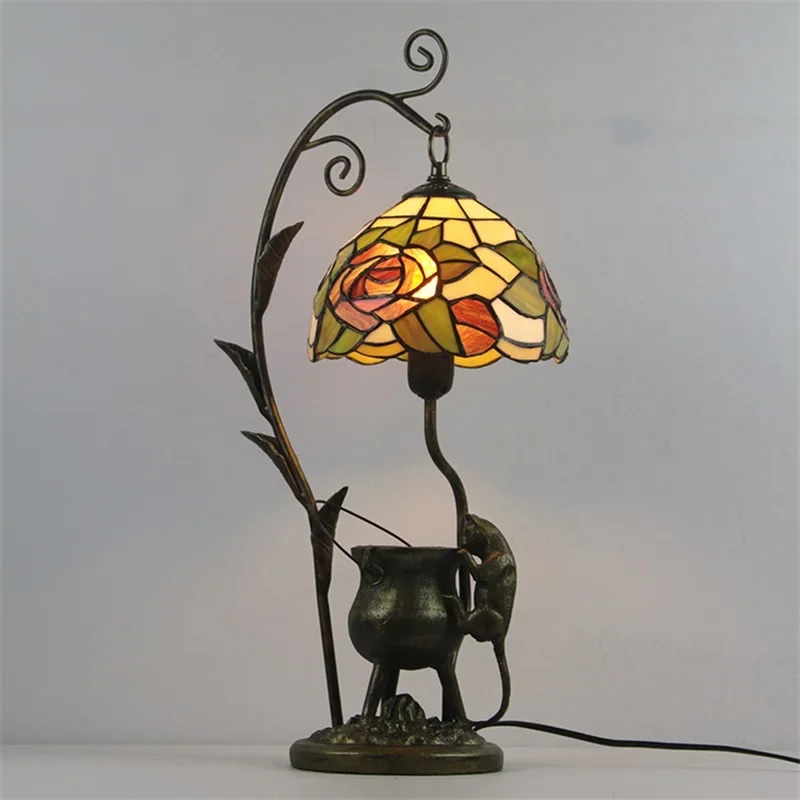 KERWIN Tiffany Table Lamp LED Vintage Color Glass Creative Cat Desk Light Fashion Decor For Home Hotel Bedroom Bedside