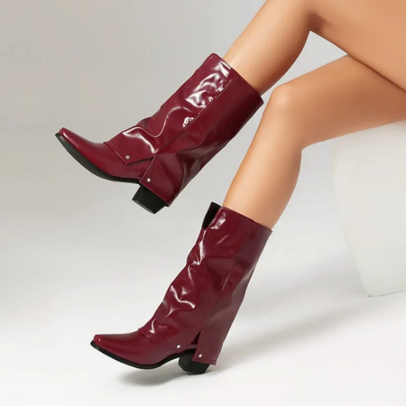 

Chunk Leather High Boots Women Knee High Pointer Toe Heels Shoes Woman Trend Chelsea Boots New Pumps Mujer Snow Gladiator Botas