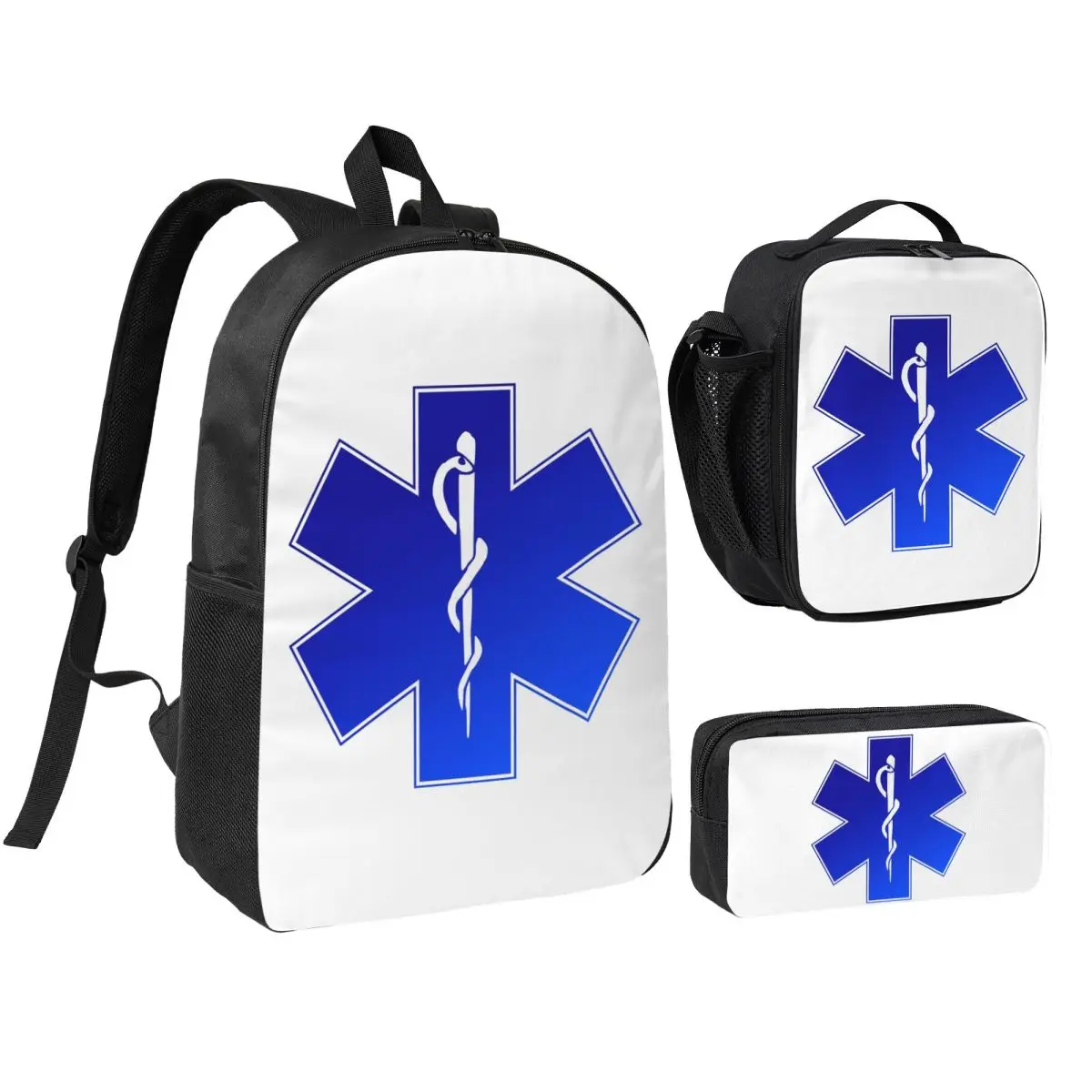 

EMS EMT Paramedic Star Of Life Backpack Boys Girls BookBag School Bag Shoulder Bags 3ps Insulated Lunch Bag Pencil Case