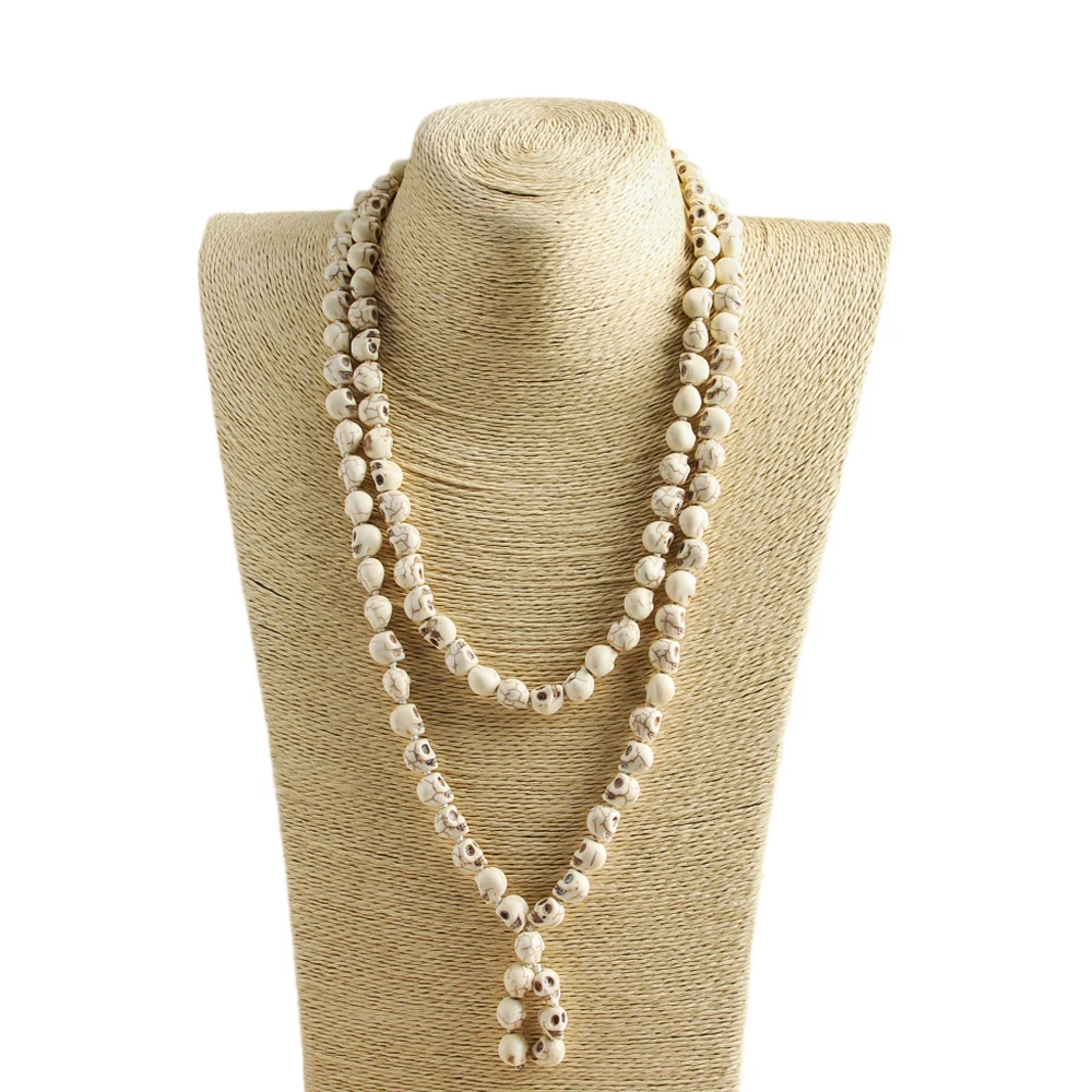 Bohemian Jewelry Blue Long Knotted Tibetan Buddhism 108 bone Skull Heads Prayer Bead Mala Necklace