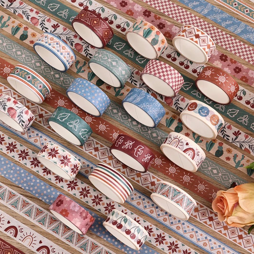 20 لفات من أشرطة اشي البوهيمية الملونة بتصميم عرقي عتيق مجموعة شريط ورقي غير مقاوم للماء لمستلزمات مخطط المجلات