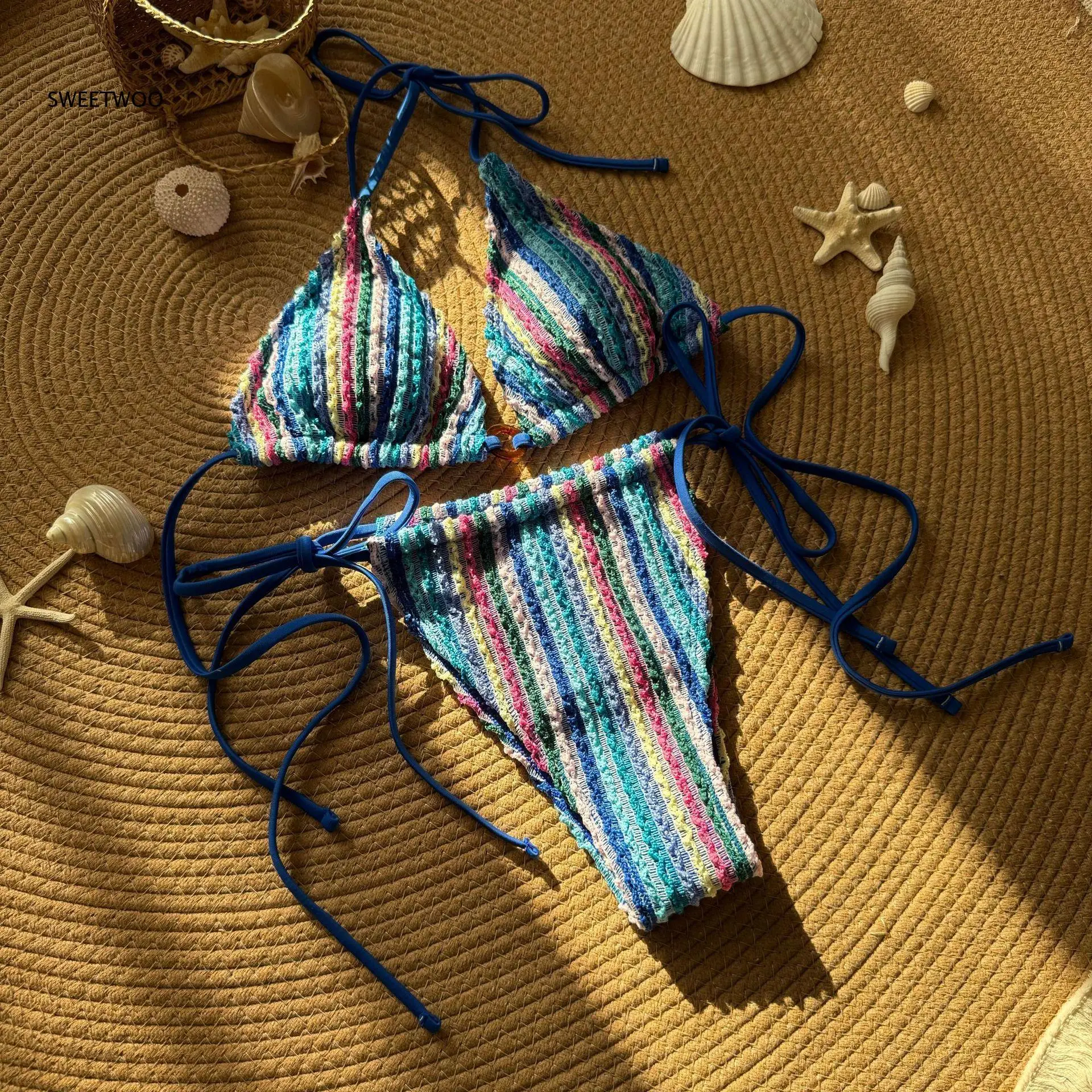 Women's Colorful Stripe Knit Bikini Set with Triangle Top and Side Tie Bottom, Boho Style Two Piece Swimsuit for Beach Holiday