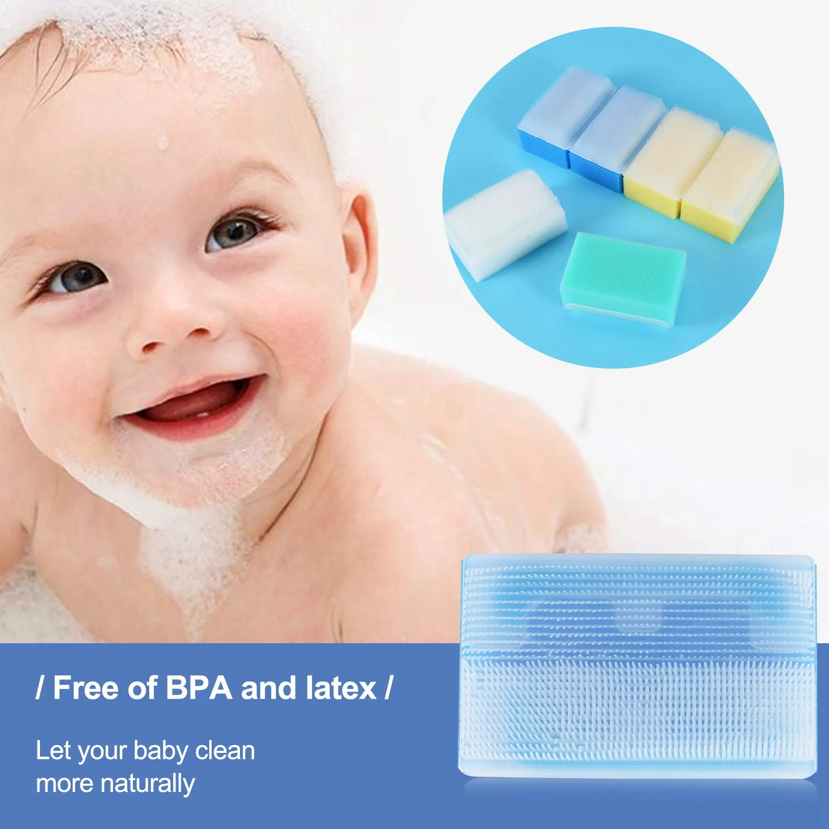 

B49B-Baby Bath Sponge (6 Pieces) Soft Foam Washer With Cradle Cap Brush Body,Hair And Scalp Clean Gentle Baby Sensory Brush Bath