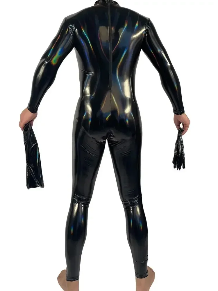 M-4XL Mens Laser Colorful Wet Look Catsuit Shiny PU Leather Bodysuit Tights Cosplay Leotard Conjoined Unitard Jumpsuit Shapers