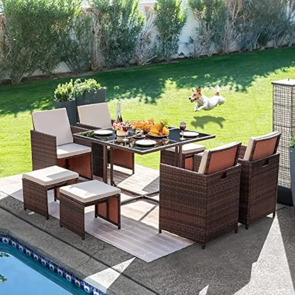 9 Pieces Dining Outdoor Furniture Patio Wicker Rattan Chairs and Tempered Glass Table Sectional Conversation Set