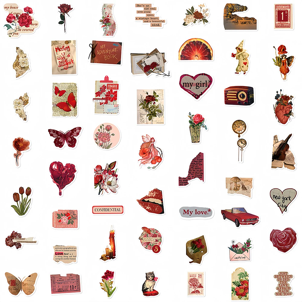 10/30/50 Stuks Vintage Rode Kunst Esthetische Stickers Rose Meisje Decoratie Waterdicht Diy Telefoon Koffer Waterfles graffiti Decals