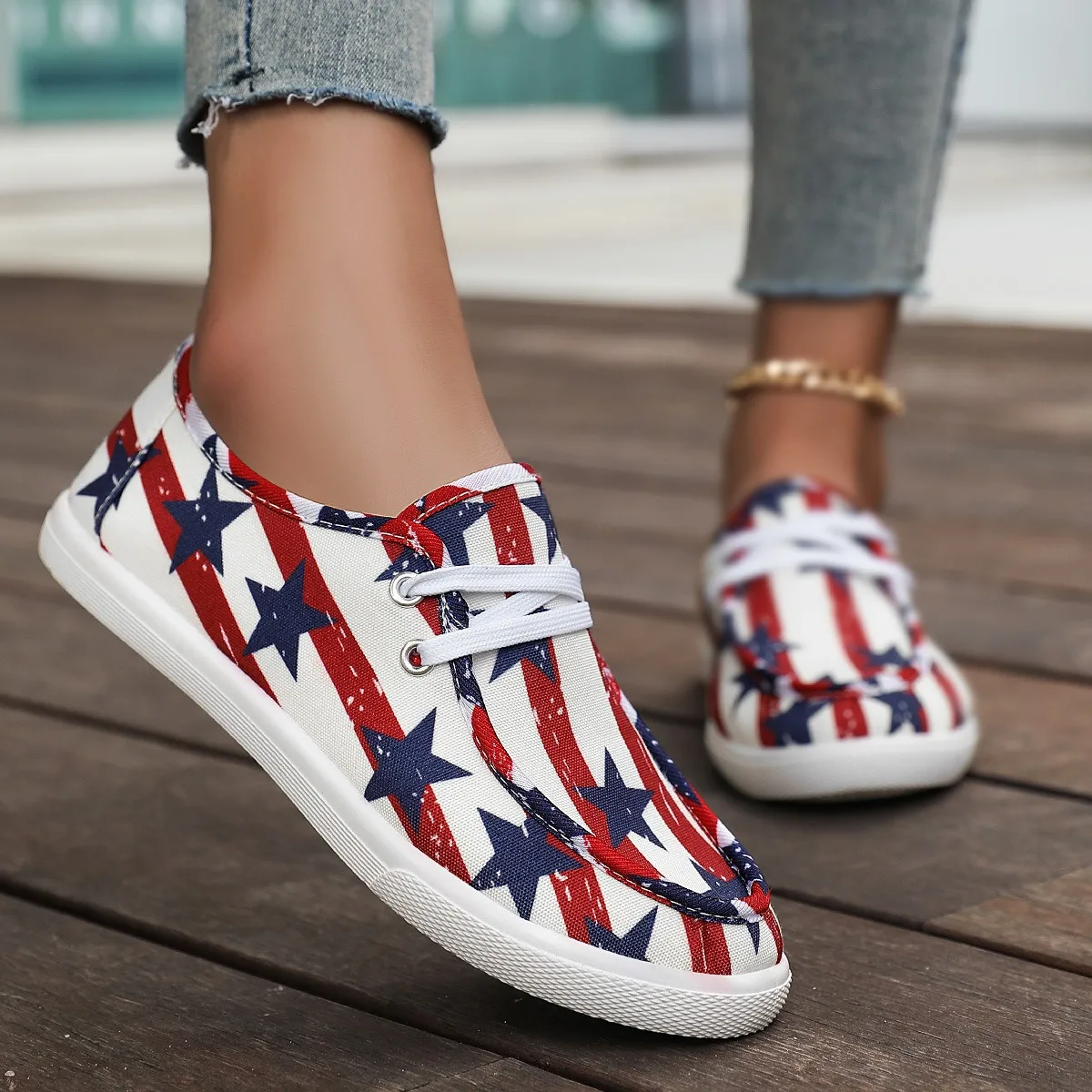 Unisex Sneakers Women's Casual Sports Shoes Fashion Striped Star Print Canvas Shoes Soft Sole Flats Couple Moccasins Cloth Shoes
