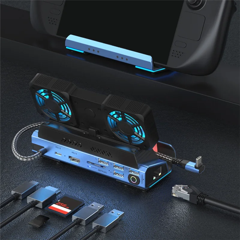 Estación de acoplamiento Doble ventilador de refrigeración 4K @ 60Hz PD100W Gigabit Ethernet para Steam Deck OLED y ROG X y Legion Go