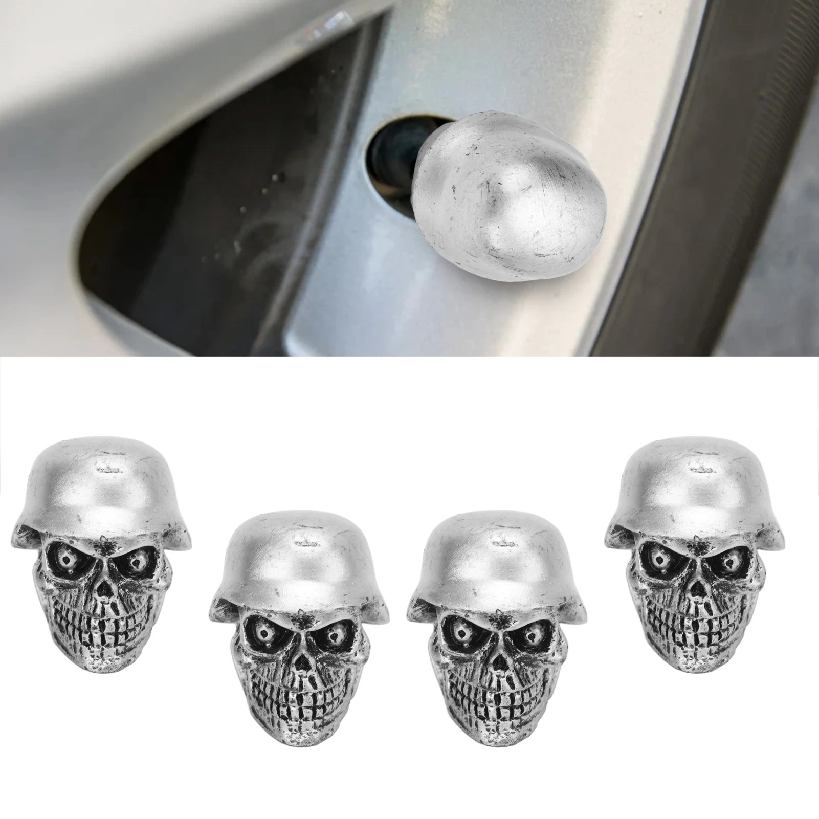 4Pcs/Set Helmet Skull Type Tire Valve Stem Caps with Rubber Ring Universal for Cars Bikes SUVs Trucks Bicycle MotorcycleSilver