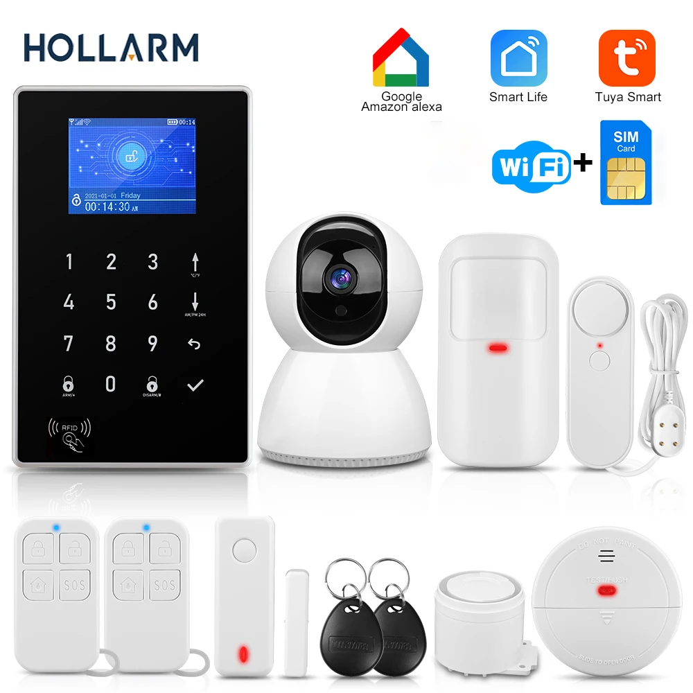 Hollerm-Tuya Security Alarm System, Wireless Burglar Sensor, Detector de Movimento, Smoke Sensor, Wi-Fi, GSM, Alexa, Google