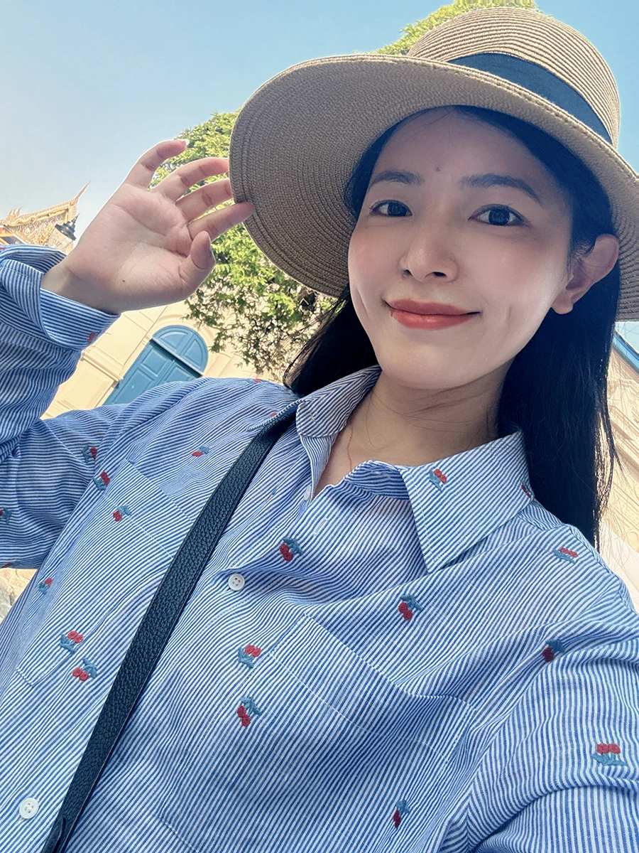 

Романтичная повседневная рубашка в стиле Санторини, солнцезащитная, сине-розовая в полоску, с вышивкой вишневыми бутонарами, свободного кроя, с длинным рукавом, женская