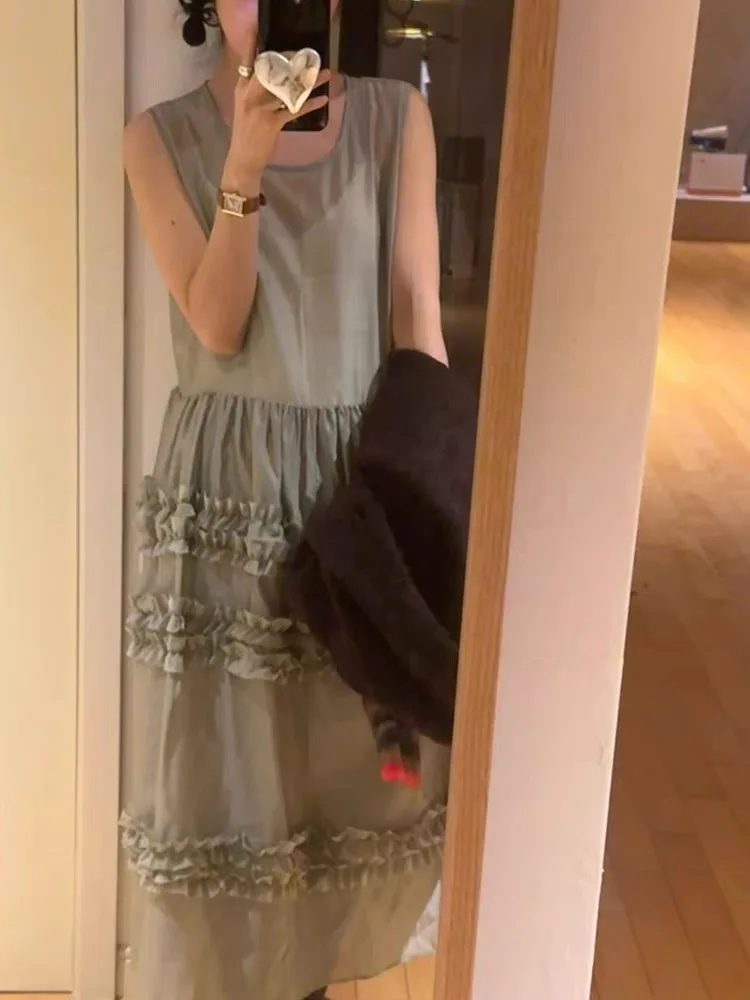 Estilo coreano primavera e verão nova borda fungo versátil bolo colete saia longa