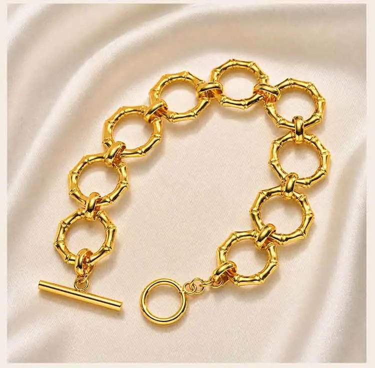 18K Vergoldetes Bambus-Gliederarmband für Damen, Chunky Kreiskettenarmband mit Knebelverschluss, Edelstahl Statement-Schmuck Geschenk – Detail 3