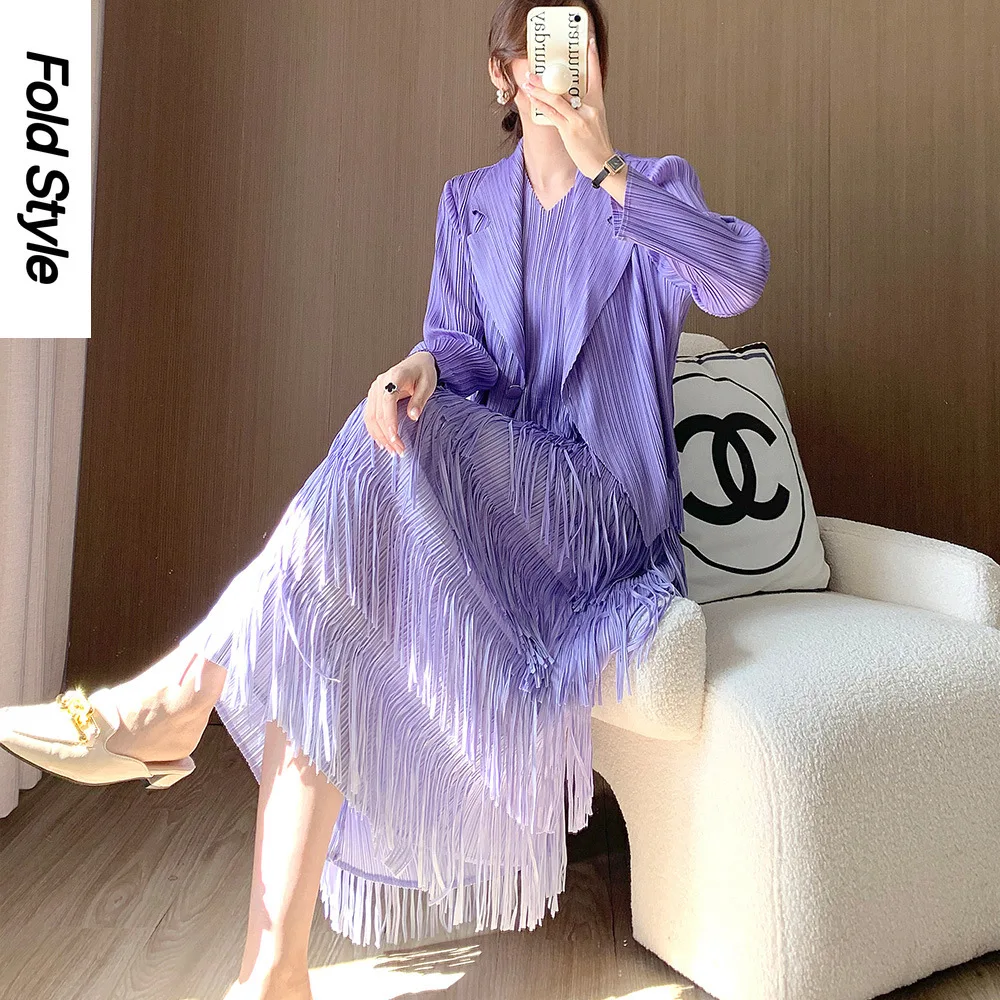 

Advanced and Unique Set Skirt Spring and Autumn New Casual Suit Coat Gradient Tassel Skirt Dress Two Piece Set