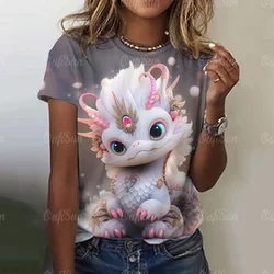 2024 New Summer Women's T-shirts Cartoon Pattern Casual 3D Dragon Short Sleeves Tee For Women Clothing Oversized Streetwear Top