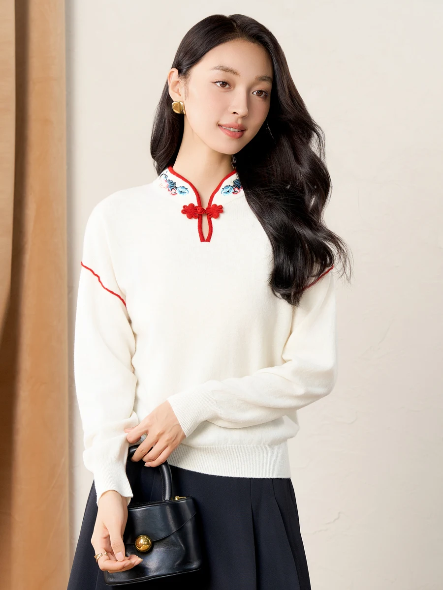 

Spring Bamboo 00% Pure Wool New Chinese Sle Collar Ele Age-Defng Sweater Women's Pullover Sweet Sle Knit...
