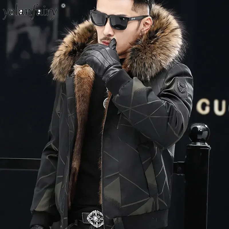 Parkas Men Fur Jacket Coat Men's Green Root Mink Inner Jackets Man Raccoon Fur Collar Hooded Whole Mink Real Fur Coats FCY4736