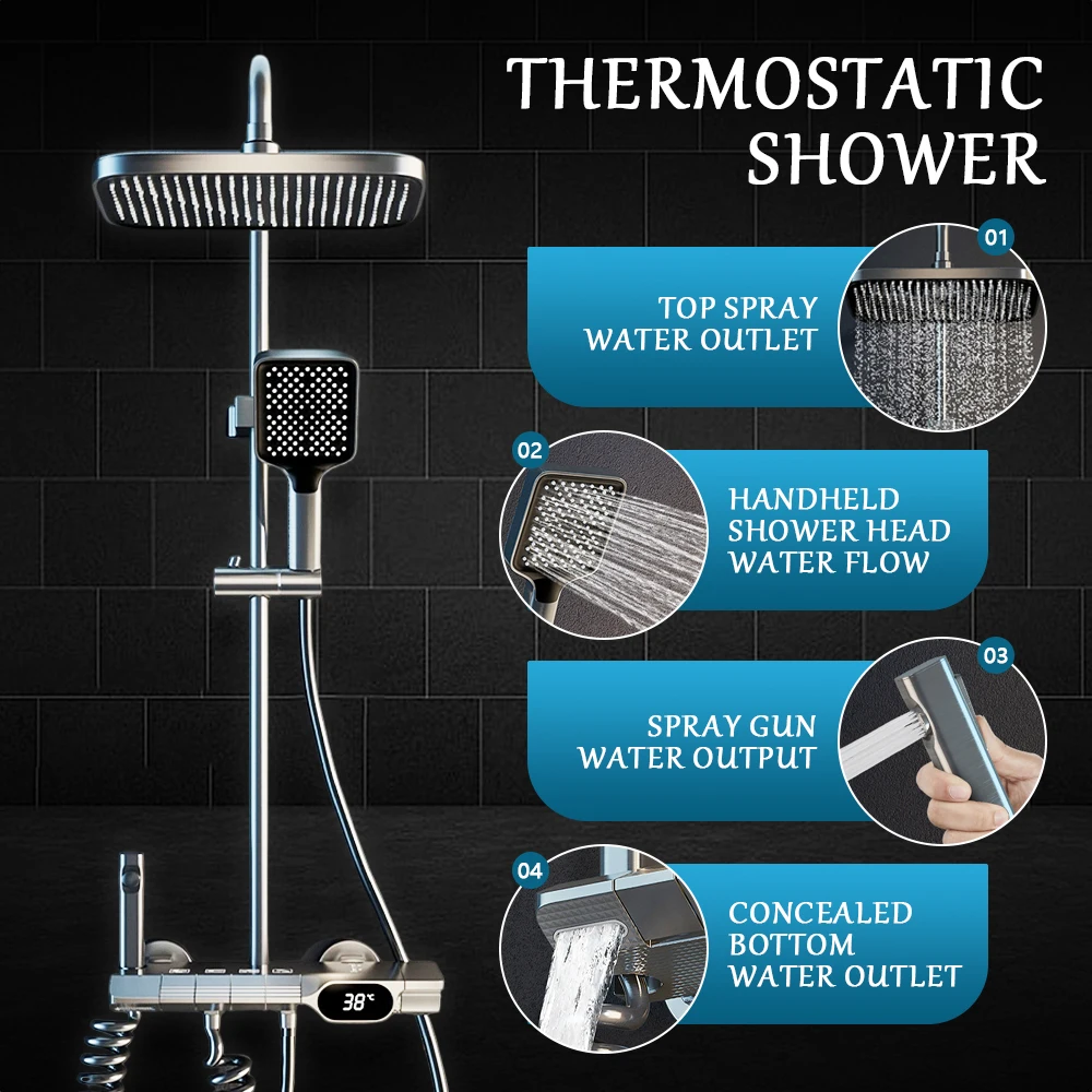 

Independent Piano Key Control Shower Set Home Bathroom Thermostatic Gray Digital Display Shower Booster Spray Gun Shower System