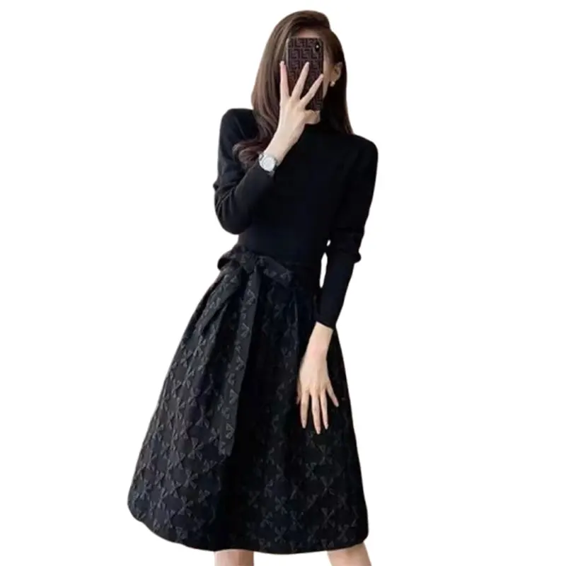 Solid Patchwork High Waist Long Sleeve Dresses Elegant Fashion Harajuku Slim Fit Female Clothes Loose Casual All Match Skirt