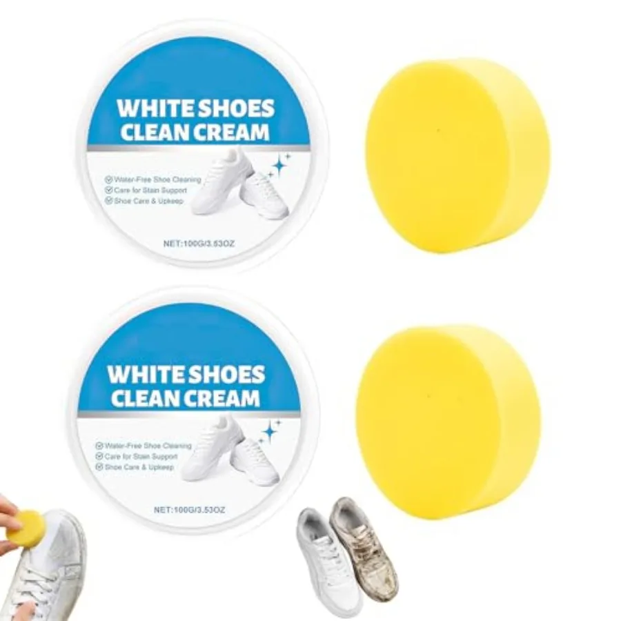 White Shoe Cleaner Cream, Multipurpose No-Wash Solid Cleaning Paste with Sponge, White Shoes Cleaner Sneakers Kit for Leather S