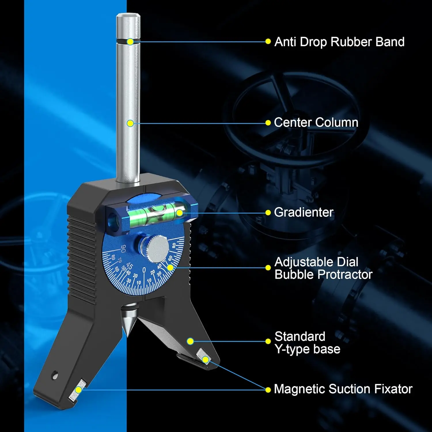 Pijpmarkeringscentrumgereedschap, lokaliseren en markeren het centrum van leidingen van 0,8 inch en ouder, Y-vormig basis-magnetisch ontwerp, wijzerplaatbellen gradenboog