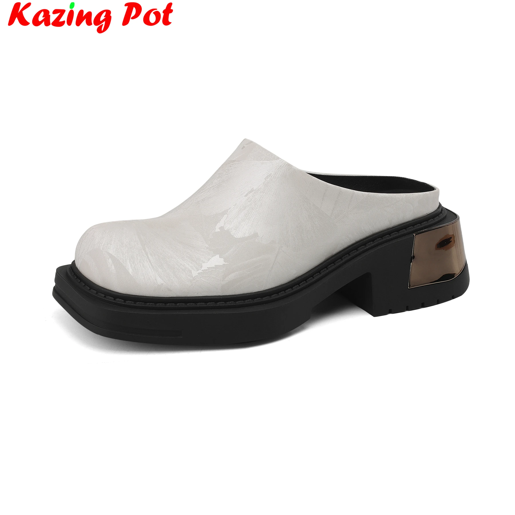 

Krazing Pot Print Cow Leather Mules Square Toe High Heel Slingback Modern Summer Shoes Dress Concise Casual Platform Women Pumps
