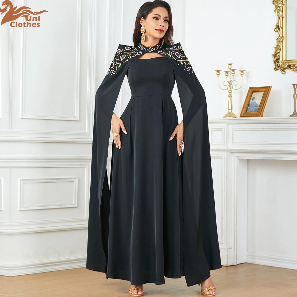 Dubai Solid Evening Party Slim Fit Long Dress Embroidery Beading Two-piece Set Moroccan Kaftan Saudi Clothing 2024 New 3885