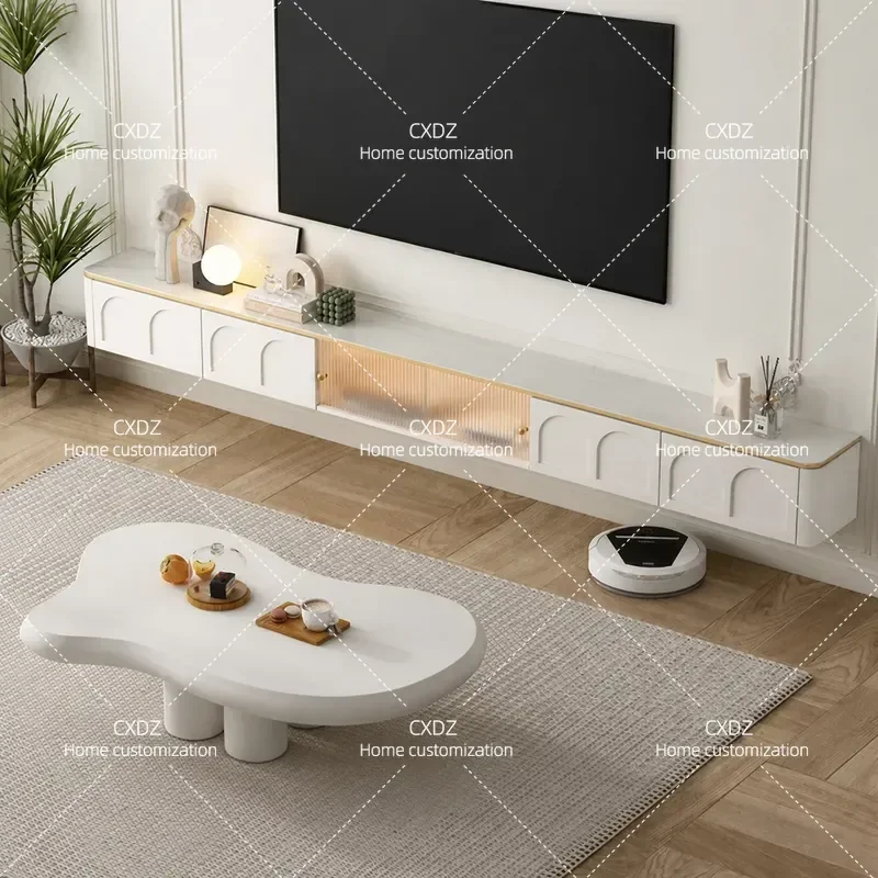 Modern Light Luxury Floating TV Cabinet with Rock Slab Top Simple Wall Mounted Media Console for Living Room and Bedroom