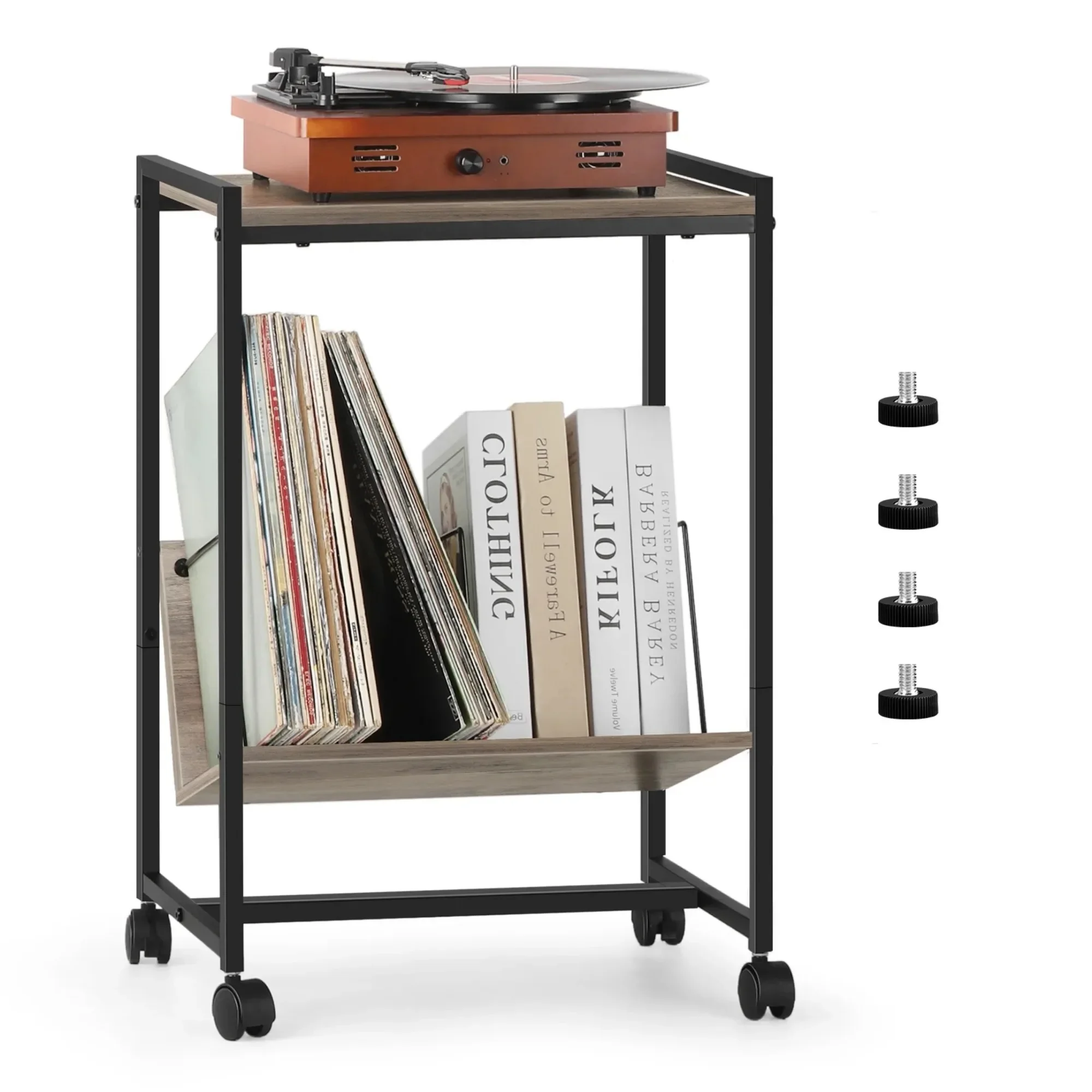 Supporto portatile per giradischi grigio a 2 livelli con ruote, ripiano in vinile per tavolino da soggiorno e camera da letto